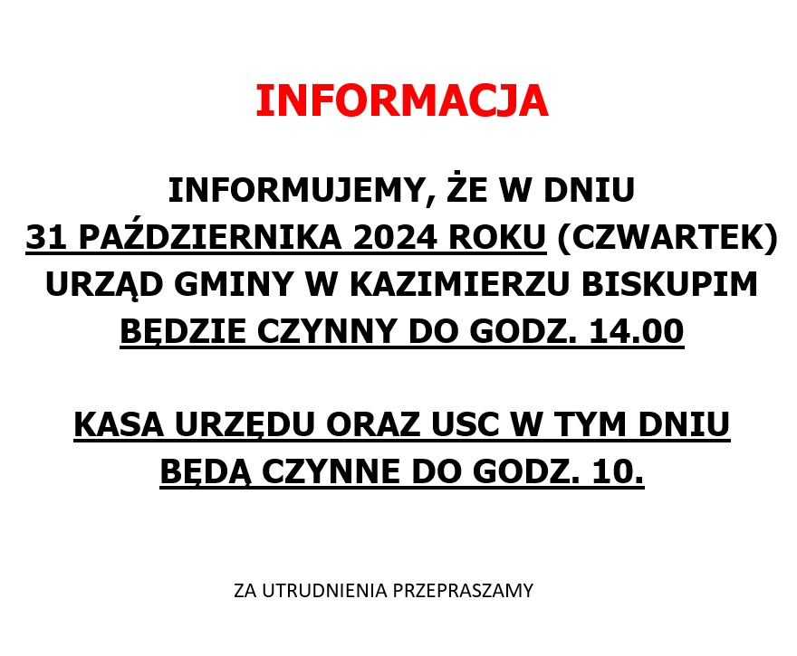 Uwaga! 31 października br. UG czynny do godz. 14.00. Kasa urzędu oraz USC do godz. 10.00