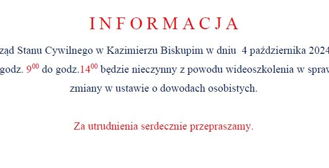 Uwaga! USC czasowo nieczynny w piątek 4 października br.