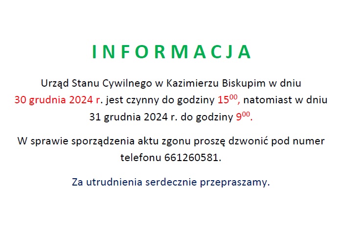 Uwaga! Zmiany w godzinach pracy USC w dniach 30 i 31 grudnia 2024 r.