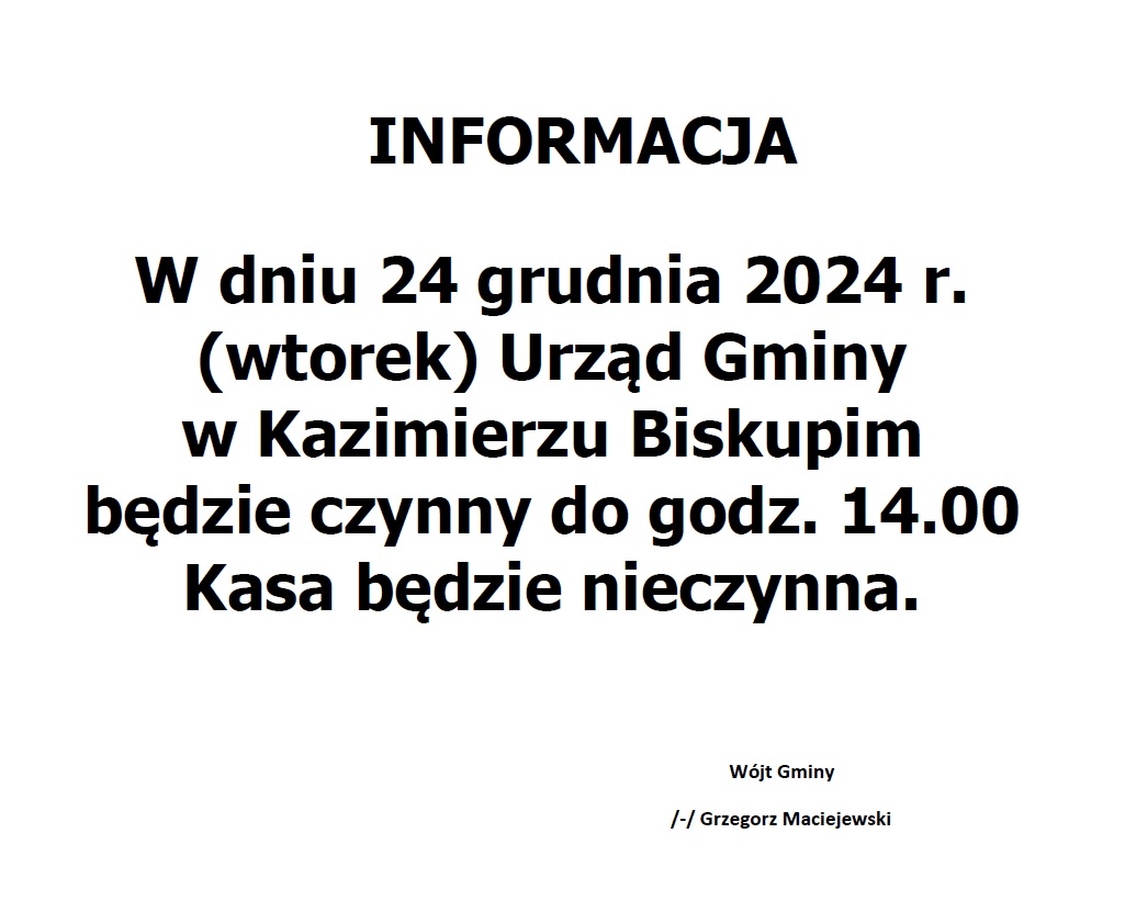 Uwaga! Zmienione godziny otwarcia UG w dniu 24 grudnia br.