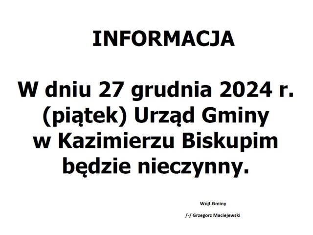 Uwaga! 27 grudnia br. UG będzie nieczynny