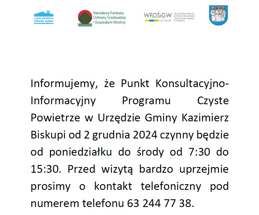 Zmiana terminów otwarcia Punktu Knsultacyjno-Informacyjnego Programu Czyste Powietrze