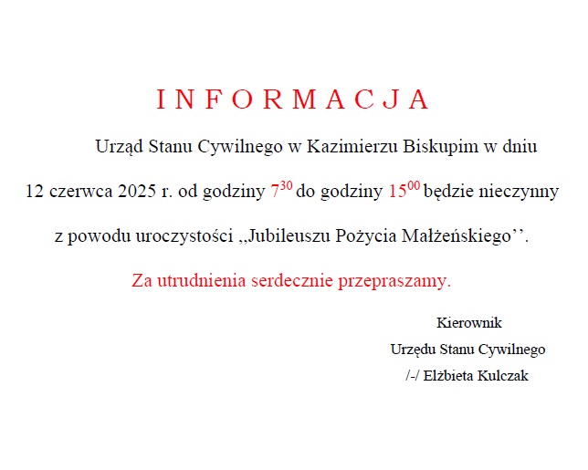 Uwaga! USC w Kazimierzu Biskupim będzie nieczynny