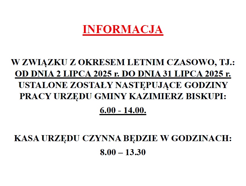 Uwaga! Zmiana godzin pracy UG Kazimierz Biskupi