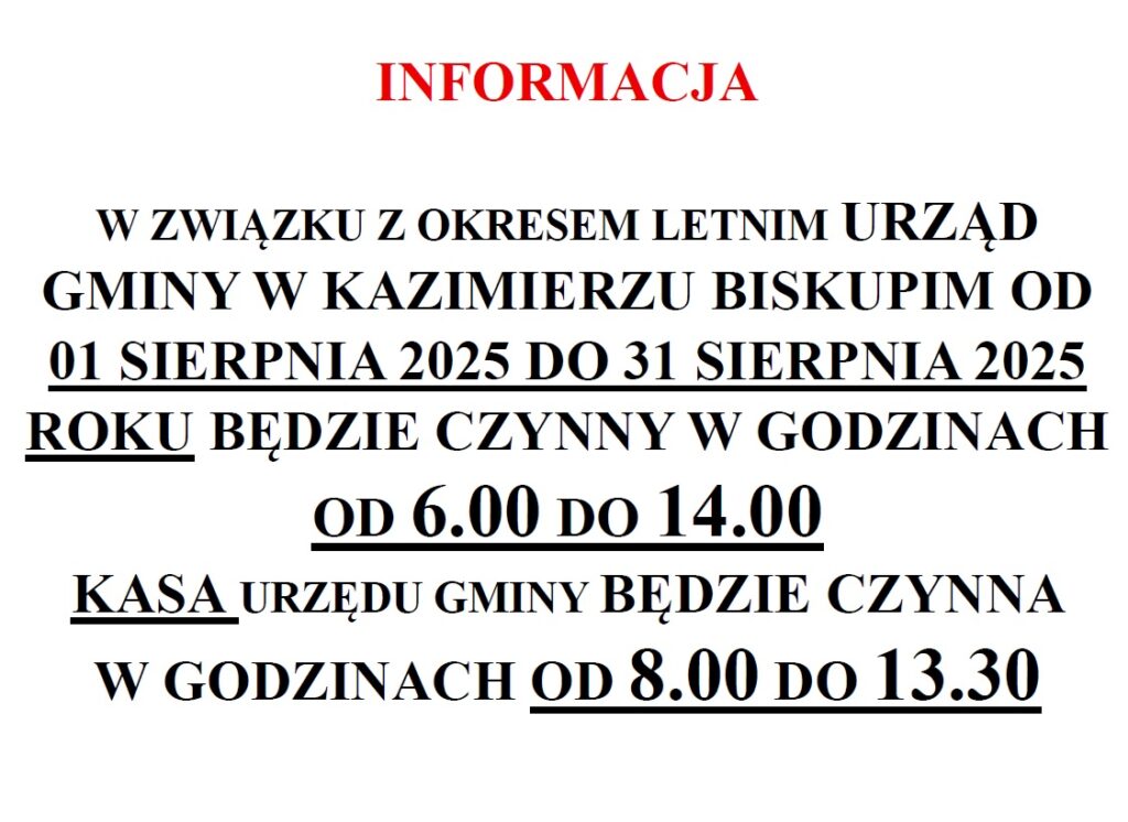Uwaga! Godziny pracy Urzędu Gminy w miesiącu sierpniu 2025