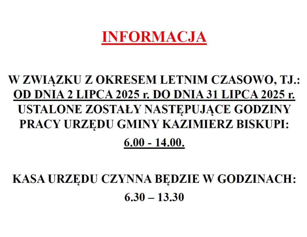 Uwaga! Zmiana godzin pracy UG Kazimierz Biskupi