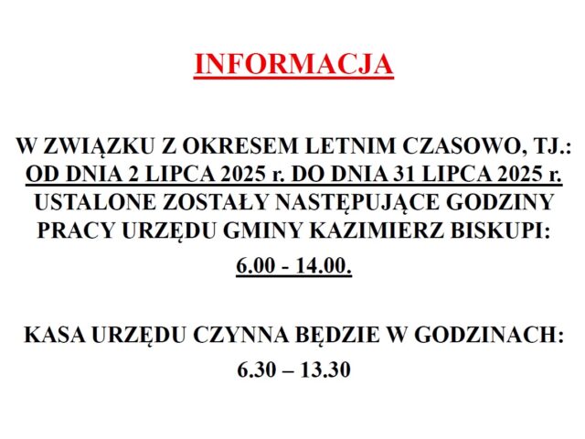 Uwaga! Zmiana godzin pracy UG Kazimierz Biskupi