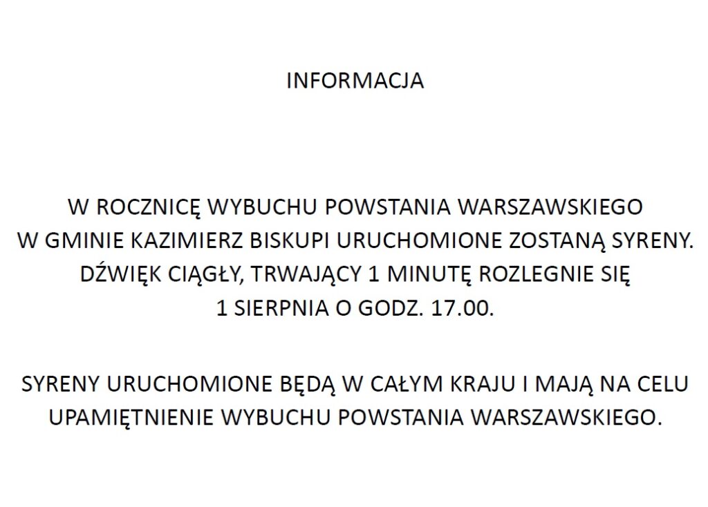 Informacja o uruchomieniu syren alarmowych w rocznicę wybuchu Powstania Warszawskiego