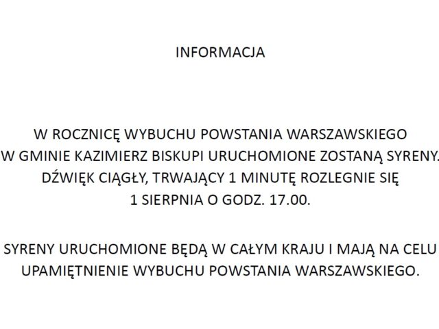Informacja o uruchomieniu syren alarmowych w rocznicę wybuchu Powstania Warszawskiego