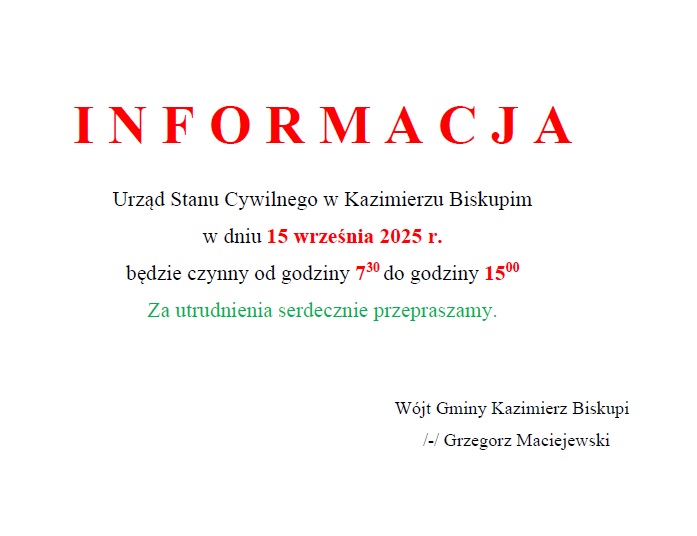 Uwaga! USC w dniu 15 września czynny krócej