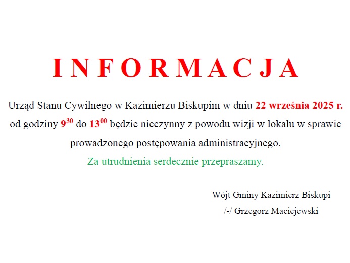 Uwaga! Zmiana godzin pracy USC w dniu 22 września 2025 r.