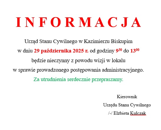 Uwaga! Zmiana godzin pracy USC w dn. 29 października br.