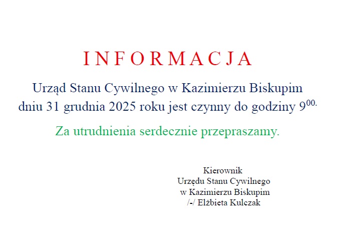 Informacja – USC czynny krócej 31 grudnia