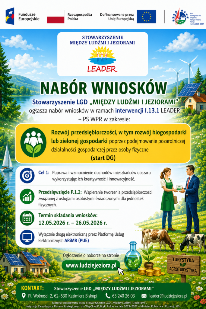 Podejmowanie Działalności Gospodarczej (DG) i Tworzenie Gospodarstw Agroturystycznych (GA) – informacja o naborach prowadzonych przez LGD „Między Ludźmi i Jeziorami”
