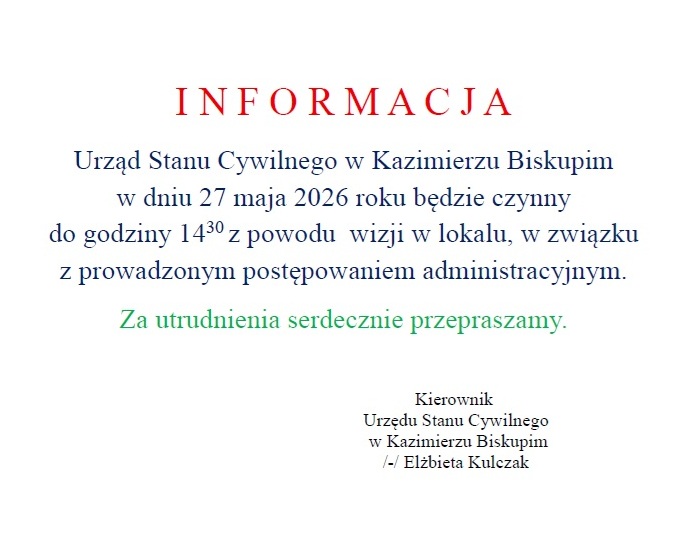 Uwaga! USC czynne krócej w dn. 27 maja br.