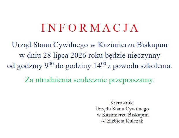 Zmiana godzin pracy USC w dn. 28 lipca br.