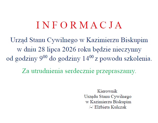 Zmiana godzin pracy USC w dn. 28 lipca br.
