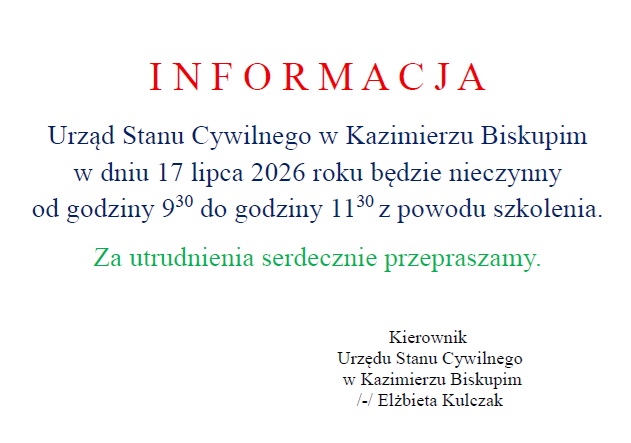 Uwaga! Zmiana godzin pracy USC w dn. 17 lipca br.